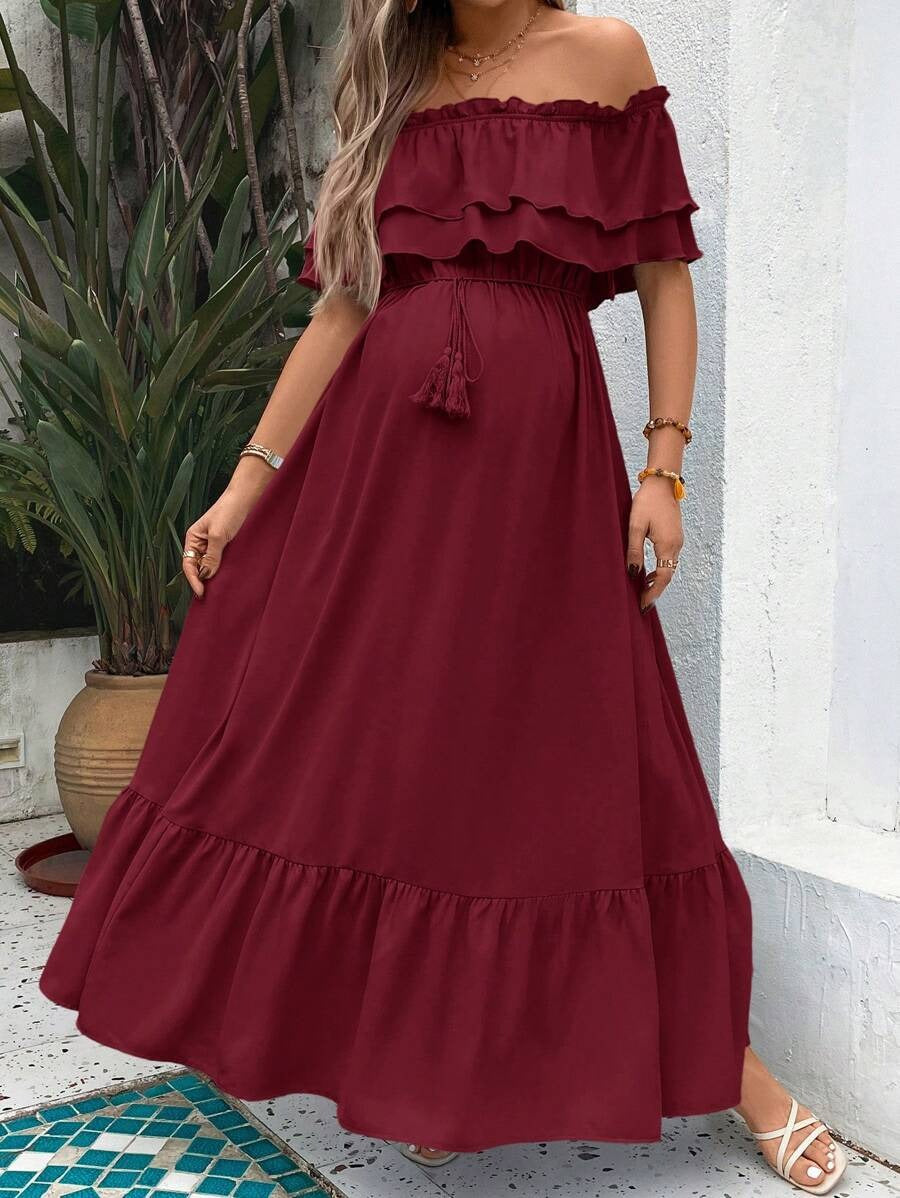 Maternity Dress with Ruffles and Pleated Hem