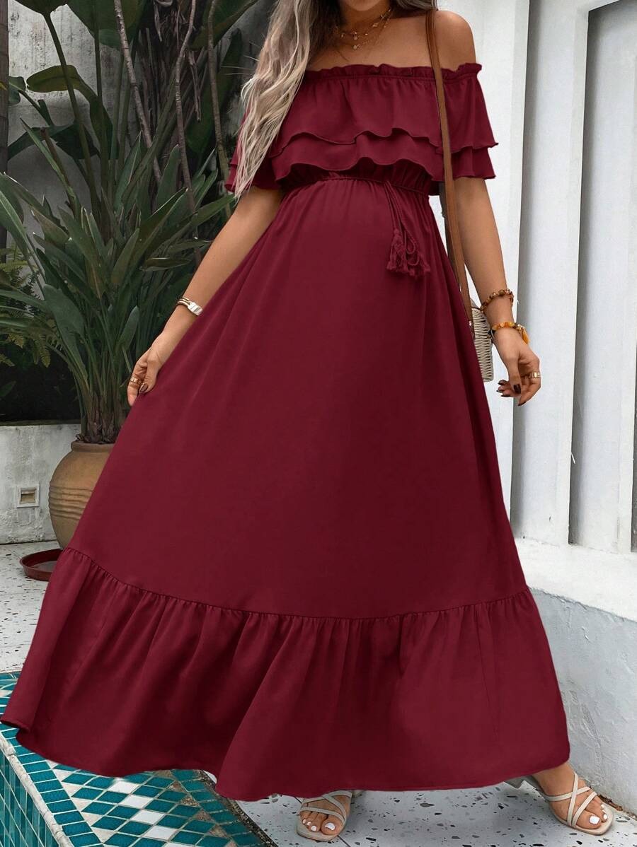Maternity Dress with Ruffles and Pleated Hem