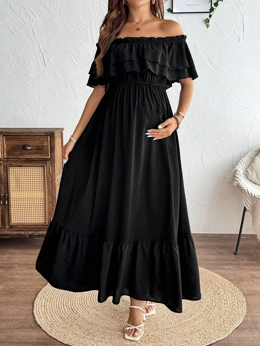 Maternity Dress with Ruffles and Pleated Hem