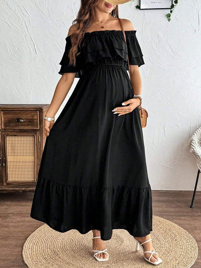 Maternity Dress with Ruffles and Pleated Hem