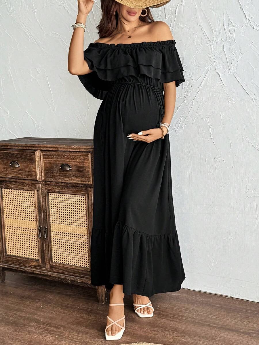 Maternity Dress with Ruffles and Pleated Hem