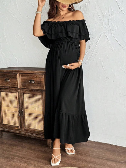 Maternity Dress with Ruffles and Pleated Hem