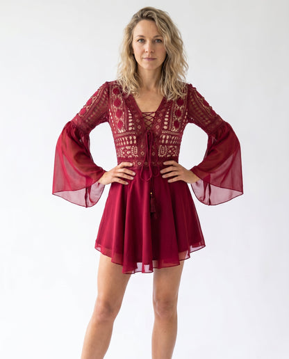Ladies' Romantic Mini Dress with Embroidery and Bell Sleeves