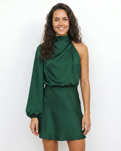 Chic Satin One Shoulder Dress with High Neck