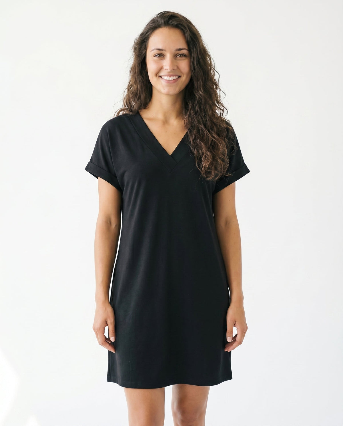 Ladies' Relaxed T-Shirt Dress with V-Neck and Turn-Up Sleeves