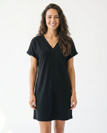 Ladies' Relaxed T-Shirt Dress with V-Neck and Turn-Up Sleeves