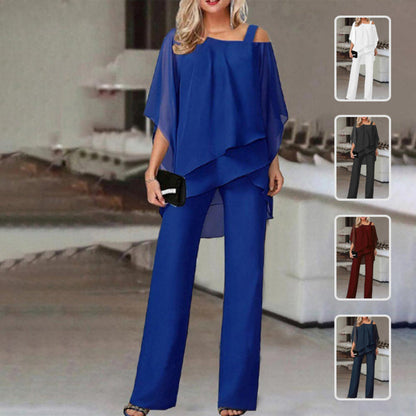 Elegant Two-Piece Women's Suit Set with Batwing Sleeve Top and Straight Pants