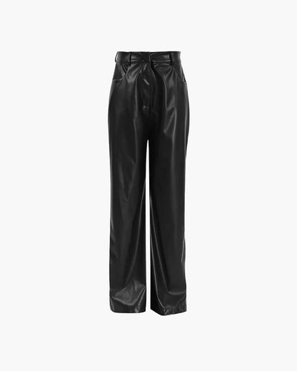 Ladies' Refined Leather Look Trousers with High Waist and Wide Legs