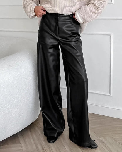 Ladies' Refined Leather Look Trousers with High Waist and Wide Legs