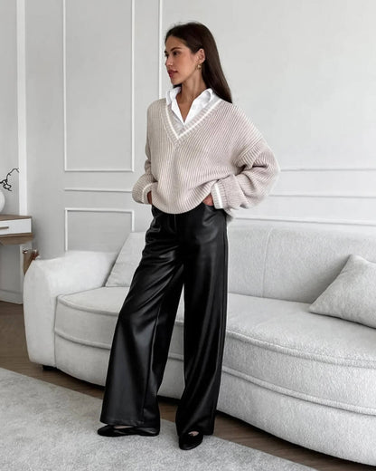 Ladies' Refined Leather Look Trousers with High Waist and Wide Legs