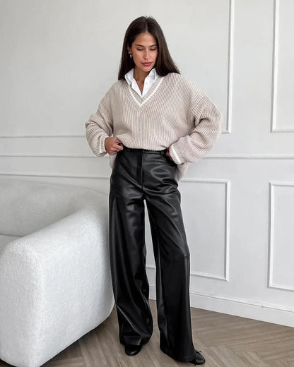 Ladies' Refined Leather Look Trousers with High Waist and Wide Legs