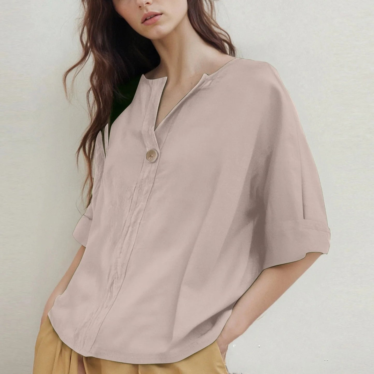 Loose-Fitting V-Neck Blouse with Three-Quarter Sleeves