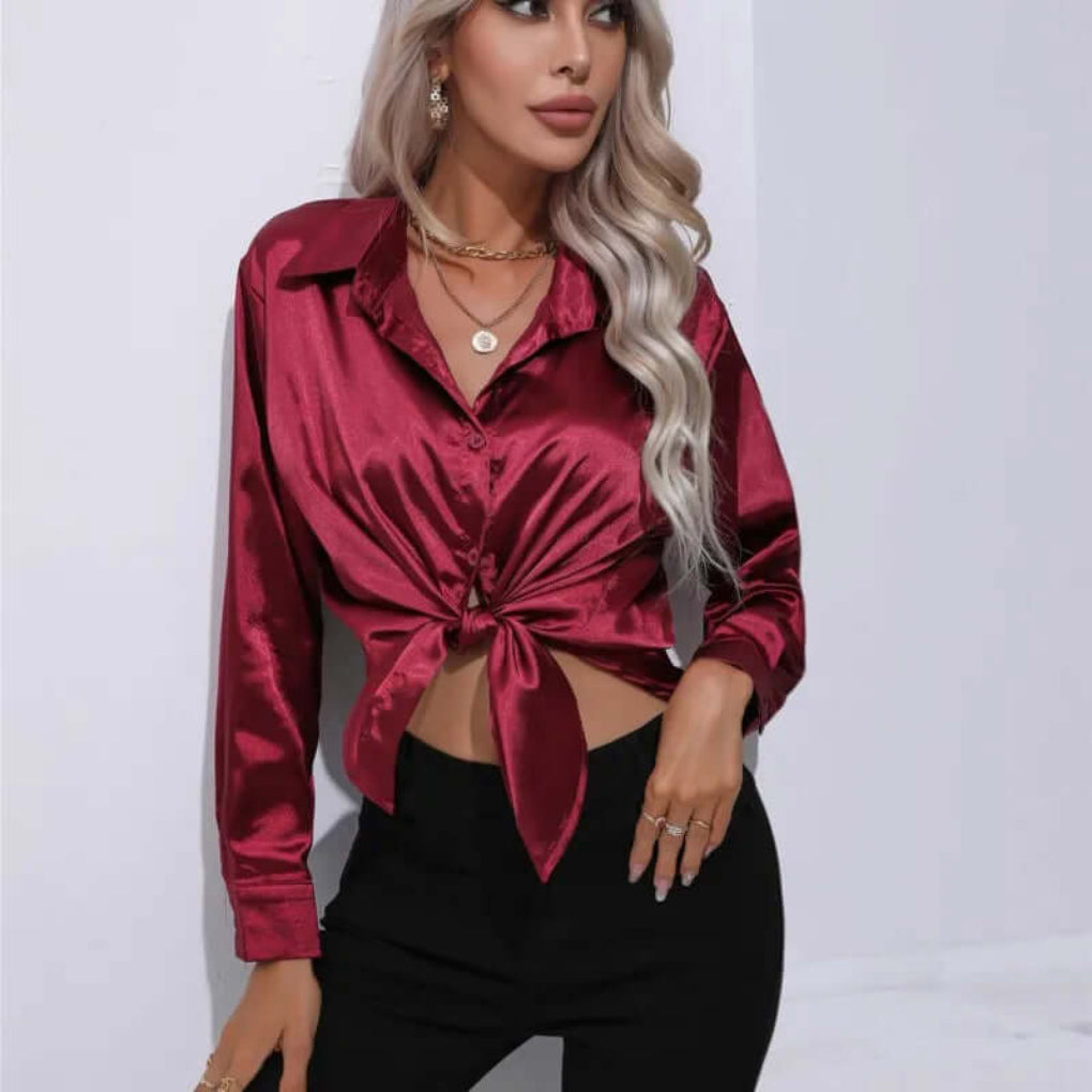 Ladies' Satin Blouse with Long Sleeves and Loose Fit