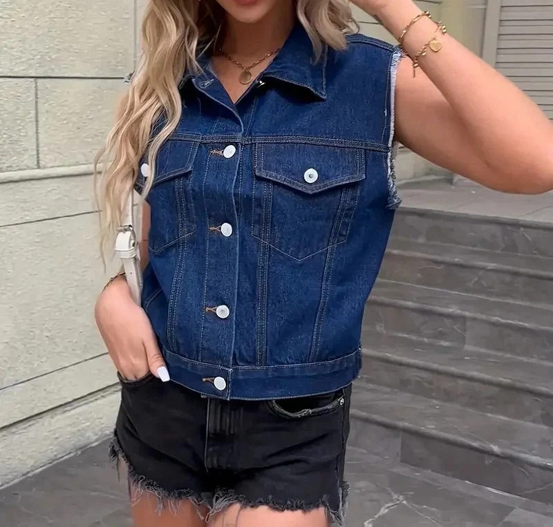 Women’s Sleeveless Denim Vest with Pockets - Hedwig