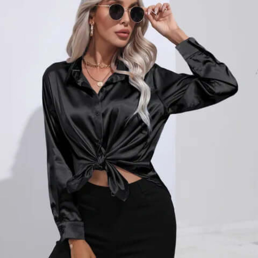 Ladies' Satin Blouse with Long Sleeves and Loose Fit