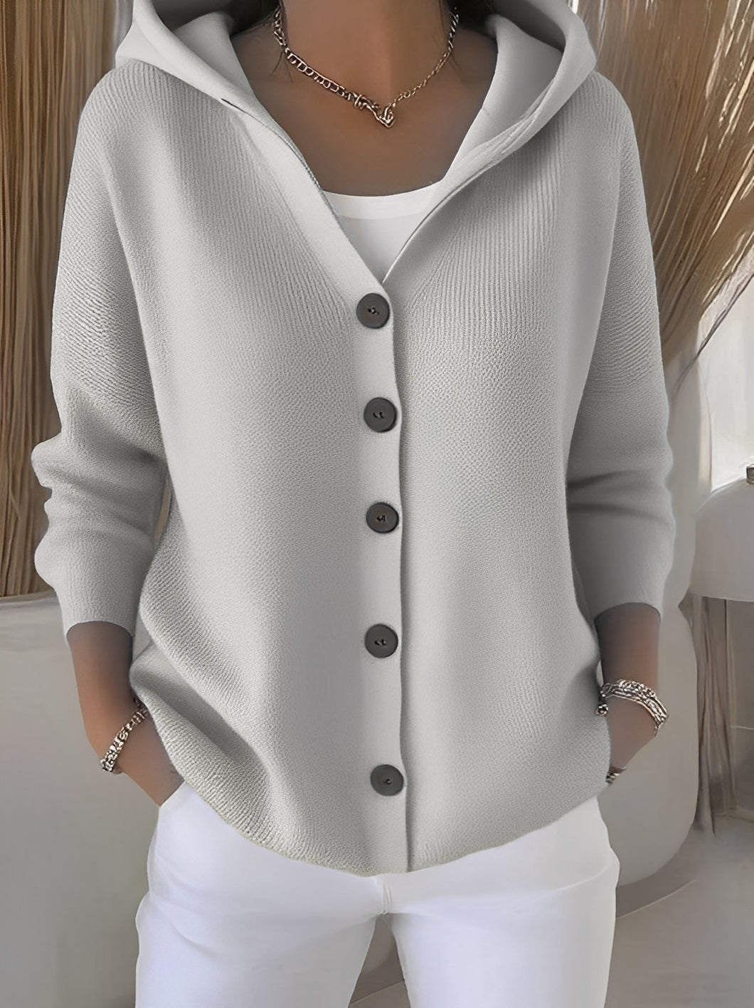 Knitted Ladies' Cardigan with Hood and Buttons for a Comfortable Casual Look