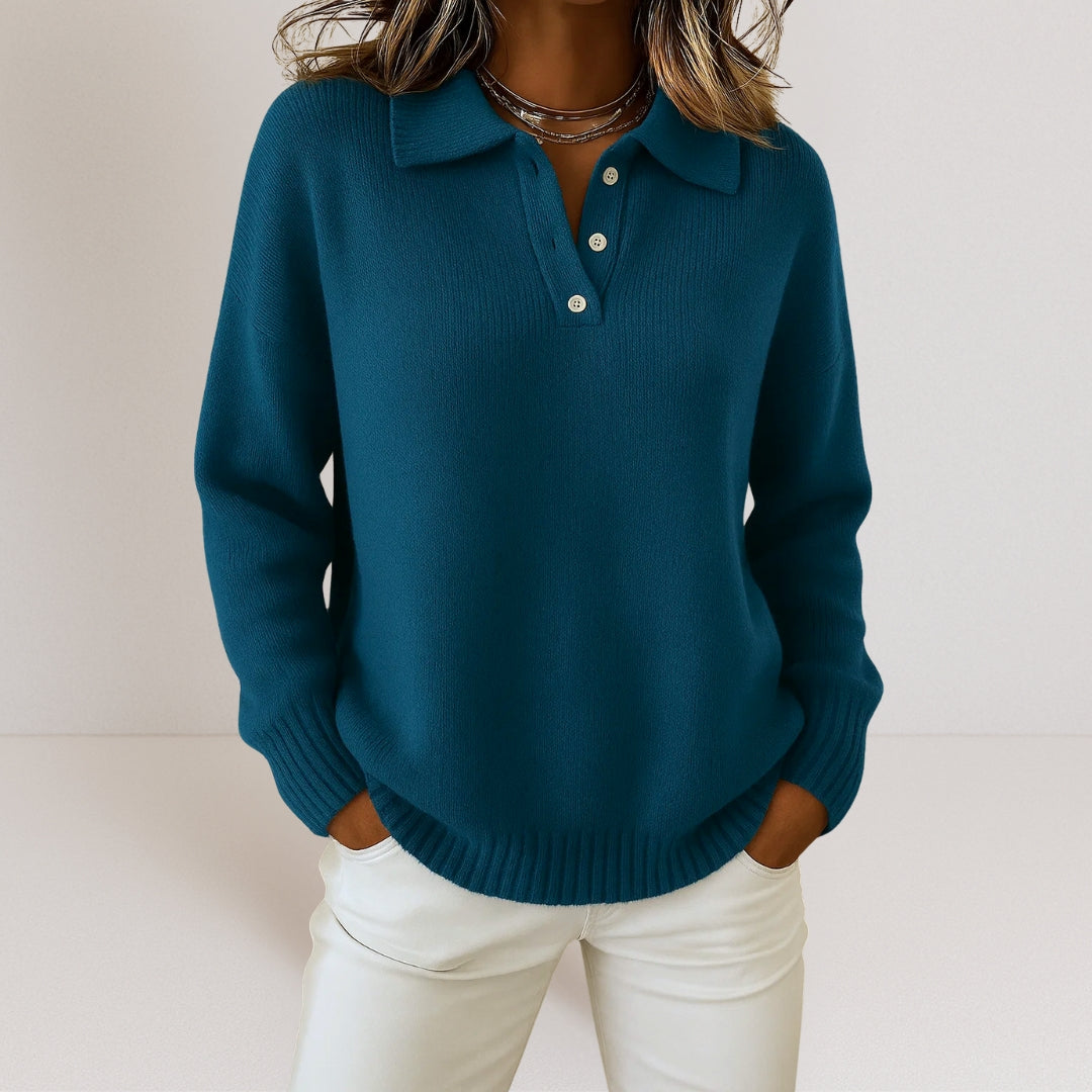 Soft Women's Polo Sweater Knitted with Long Sleeves