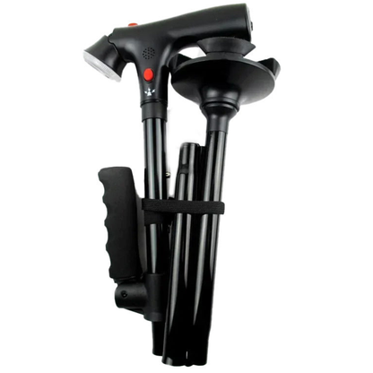 Foldable Walking Stick with Dual Handles, Alarm, and Light