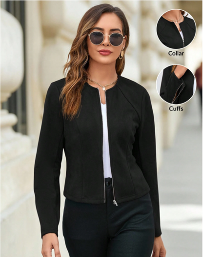Elegantna jakna od brušene kože sa zatvaračem i džepovima za žene