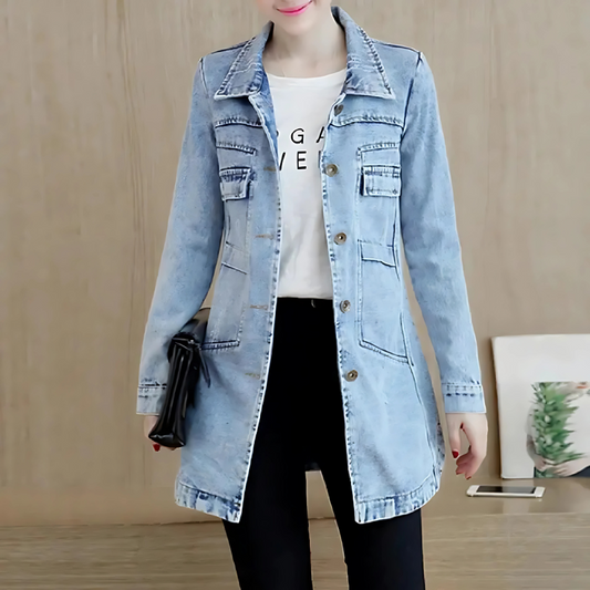 Lange Jeansjacke für Damen mit Stickereidetails