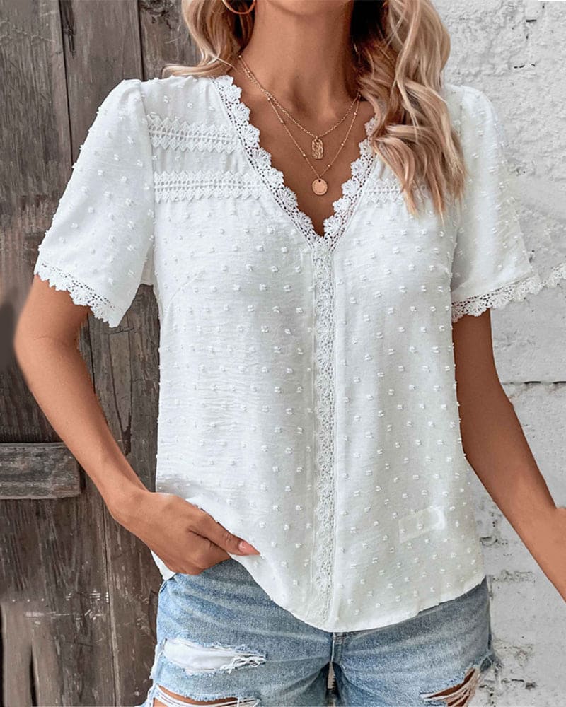 Lace Women's Blouse with Short Sleeves and V-Neck - Romy