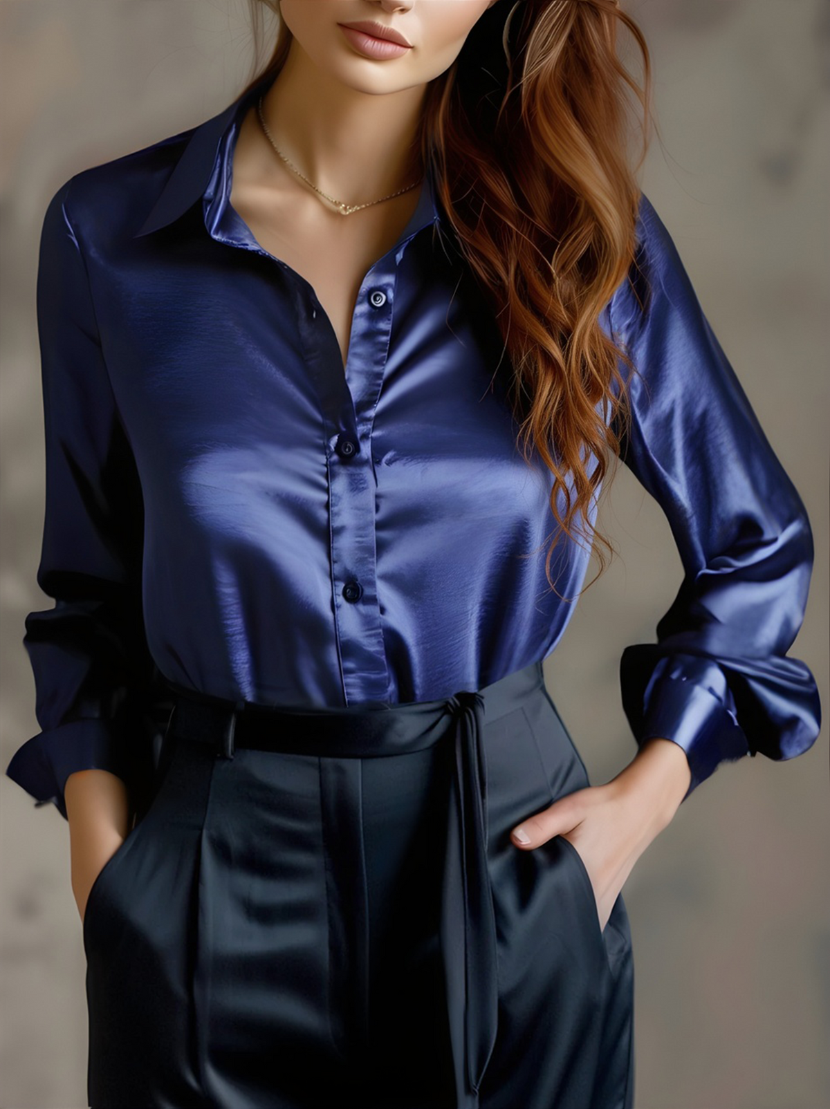 Ladies Elegant Satin Blouse with Button Closure and Long Sleeves