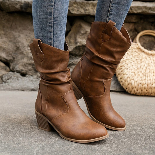 Botas de cuero marrón con tacón cómodo para otoño/invierno
