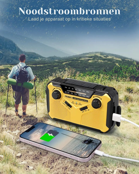Radio de emergencia portátil con energía solar y dinamo, con LED y banco de energía