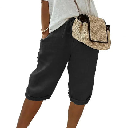 Vintage Knee-Length Trousers with Elastic Waist and Pockets