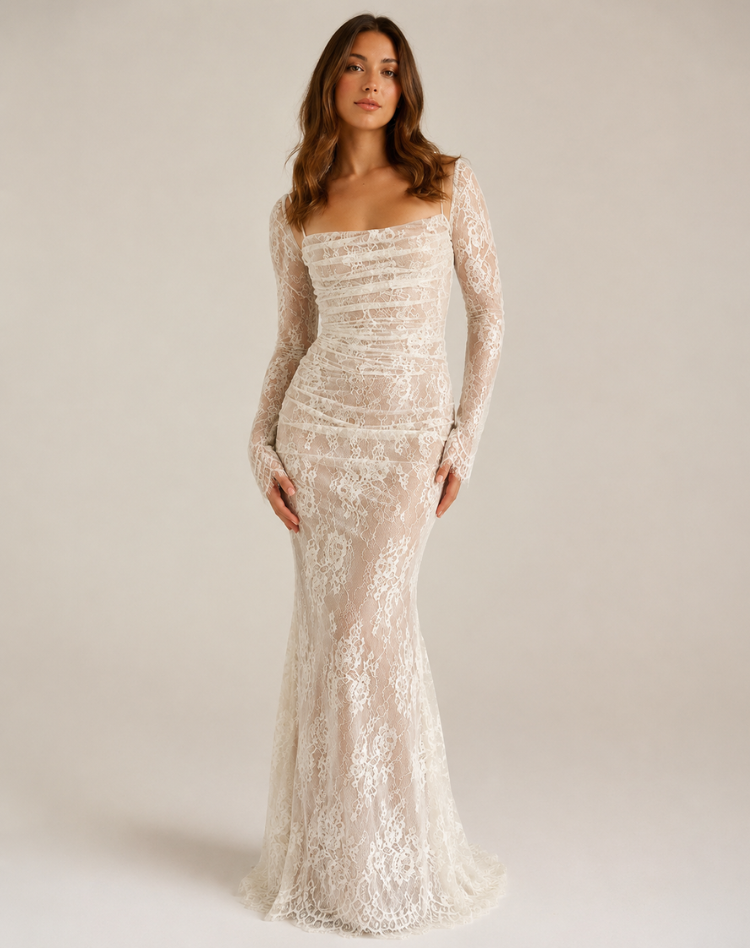 Maxi-avondjurk van kant voor dames met lange mouwen en elegant silhouet