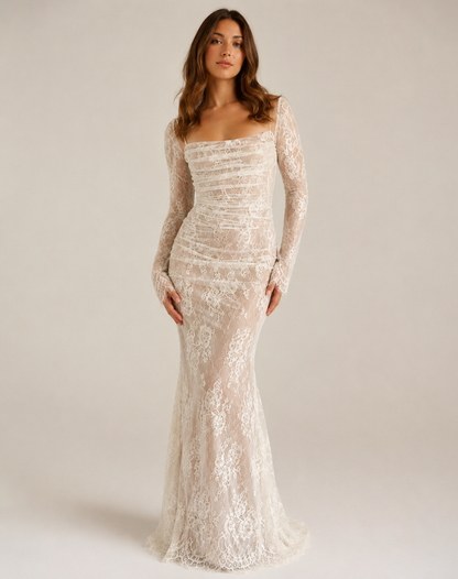 Maxi-avondjurk van kant voor dames met lange mouwen en elegant silhouet
