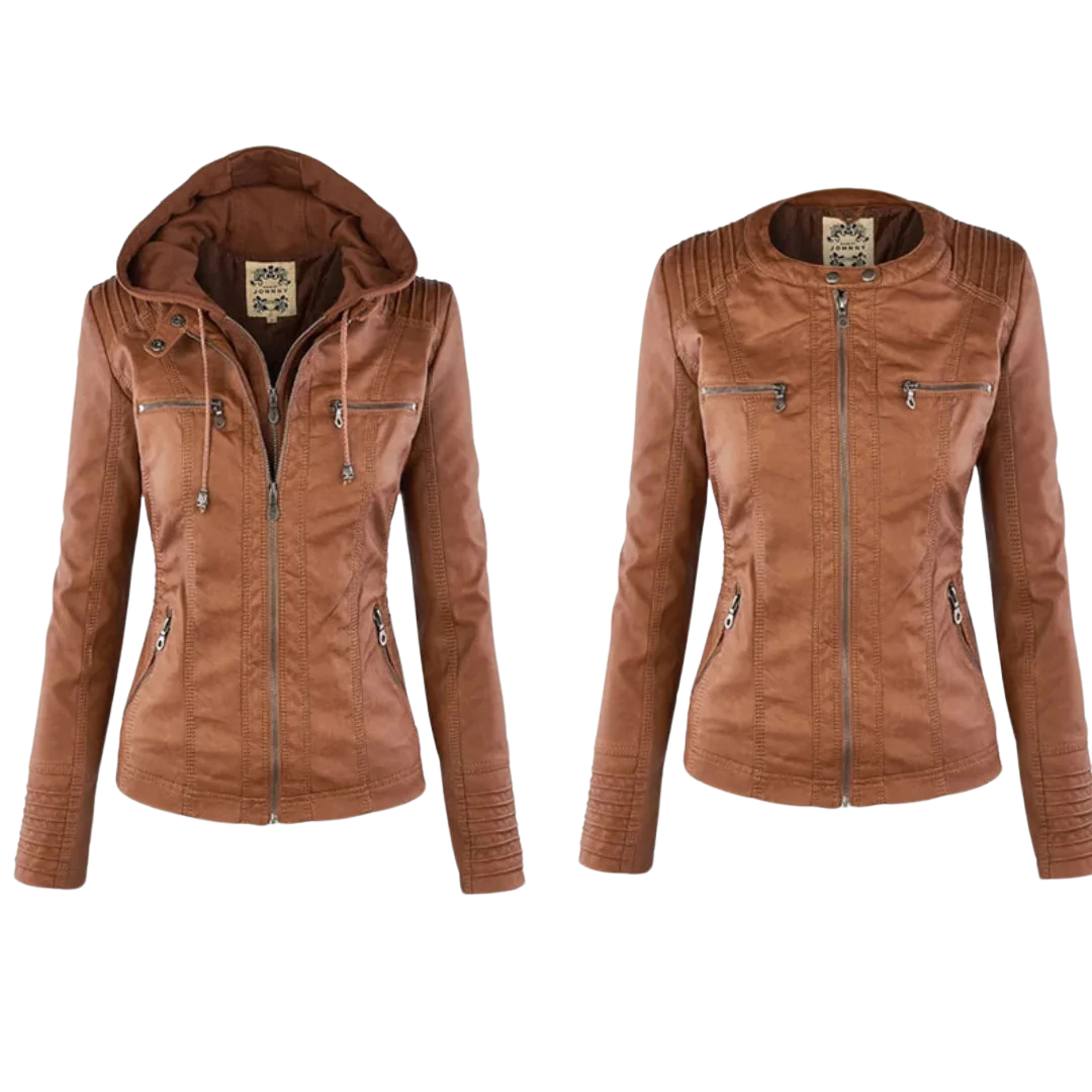 Leather Biker Jacket with Hood for Women