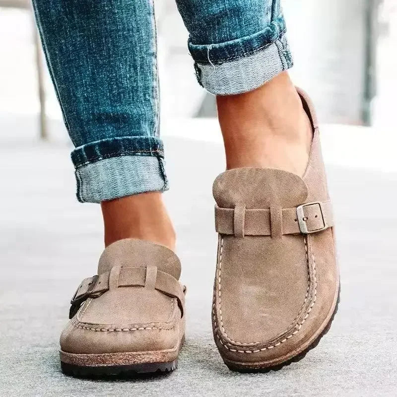 Retro buckle flat mules for women