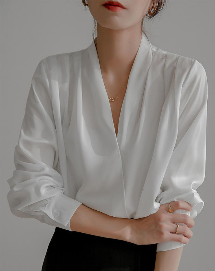 Satin Wrap Blouse With V Neck And Puff Sleeves For Women
