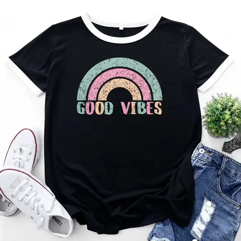 Valentina – Plus Size T-Shirt with Rainbow Patchwork and Short Sleeves