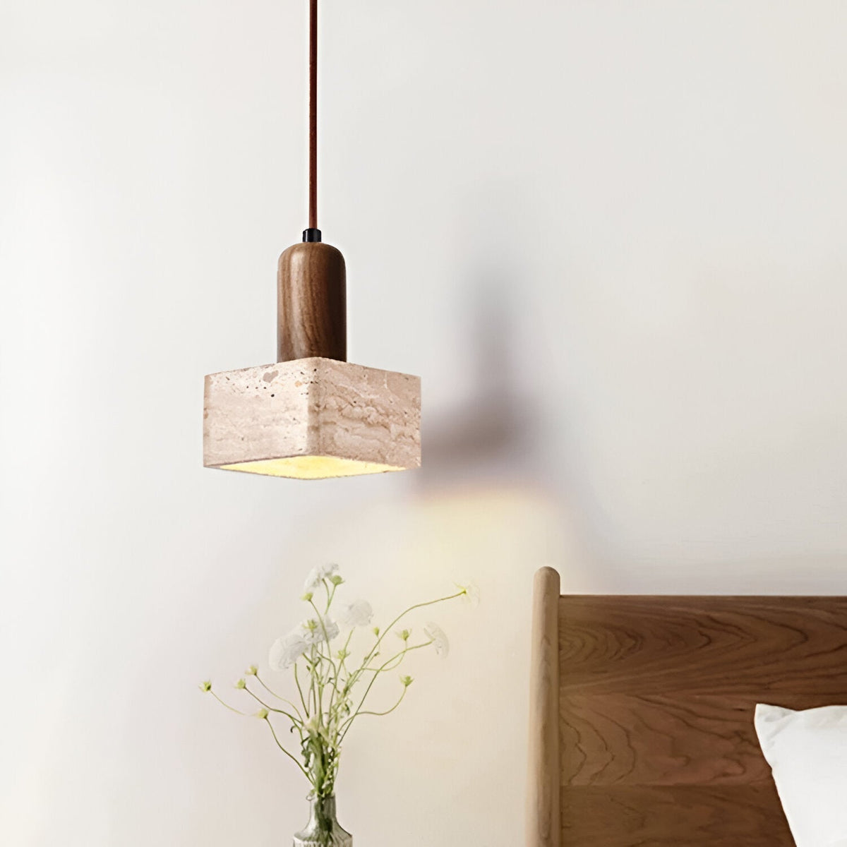 Lampada a sospensione LED quadrata di lusso in travertino e legno
