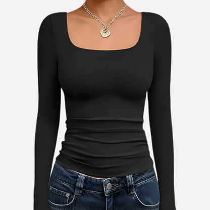Top corto da donna con scollo quadrato e maniche lunghe