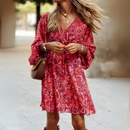 Red Boho Jumpsuit with Floral Print and Open Back