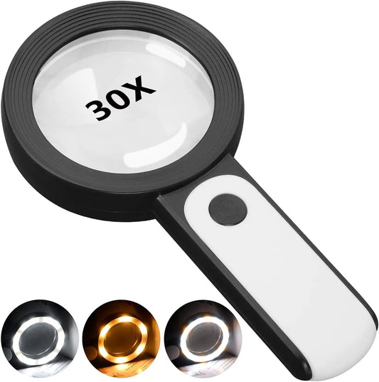 Lupa con aumento de 30x con iluminación LED para lectura e inspección