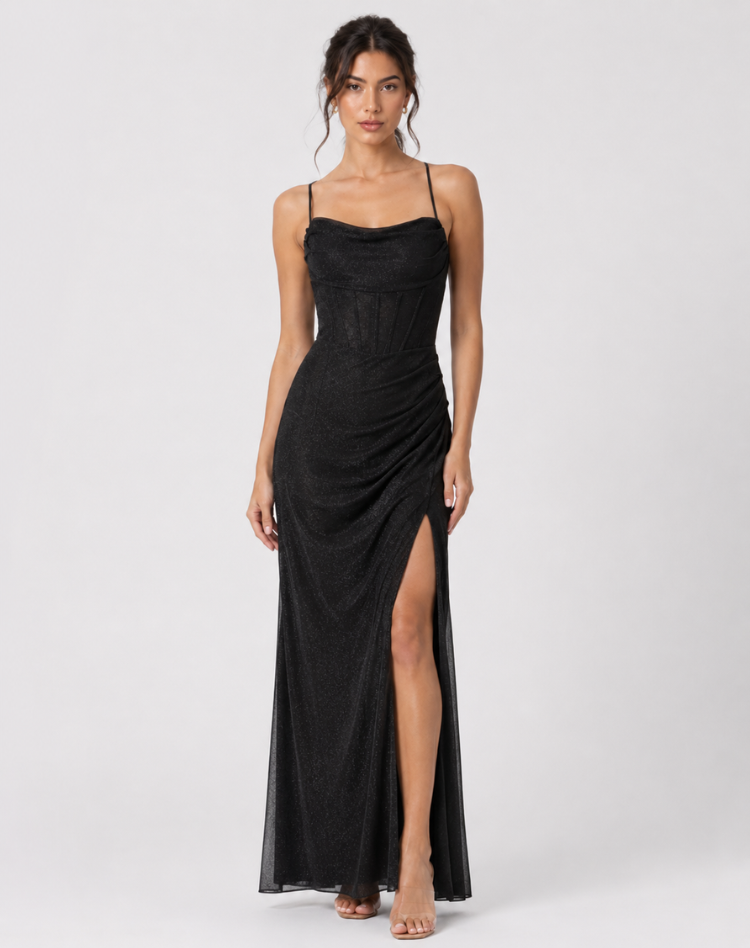 Gala Maxi Dress with Glitter and High Split for Women