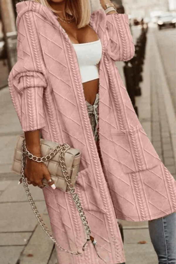 Ladies' Cosy Long Cardigan with Hood and Cable Knit