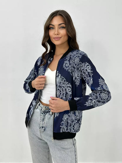 Women's Lightweight Bomber Jacket with Zip and Graphic Print