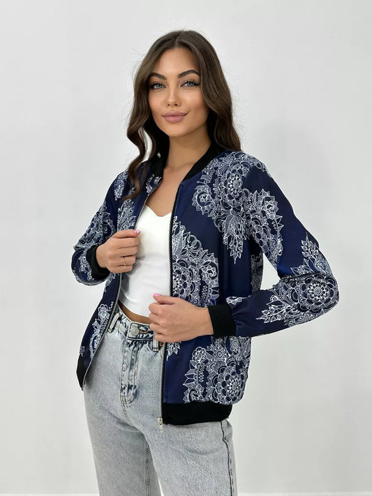 Women's Lightweight Bomber Jacket with Zip and Graphic Print