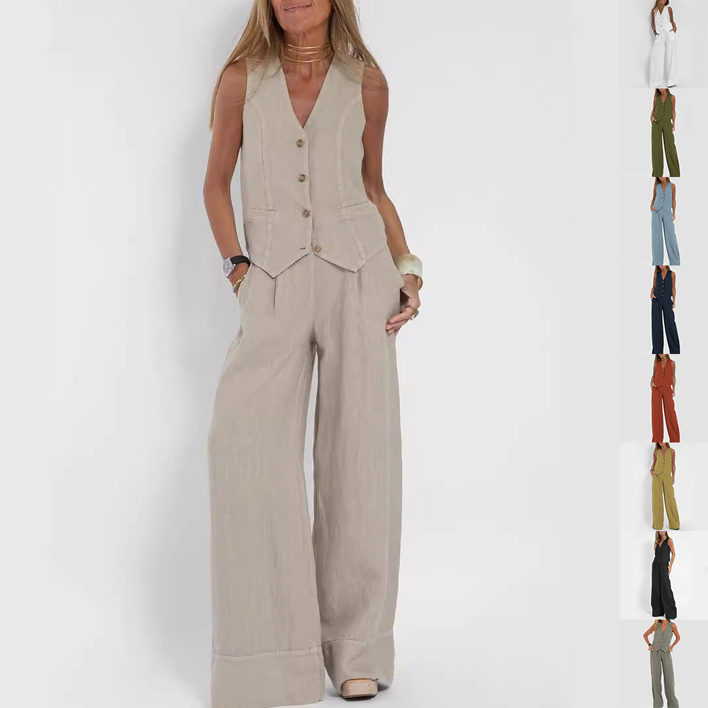 Summer Sleeveless V-Neck Waistcoat and Loose Straight Trousers