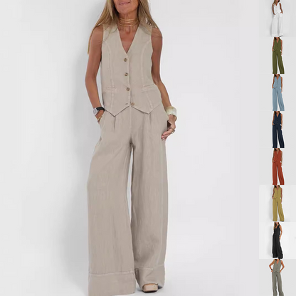 Summer Sleeveless V-Neck Waistcoat and Loose Straight Trousers