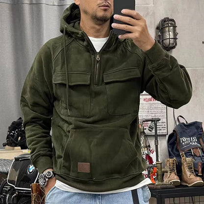 Retro Motor Hoodie for Men with a Rugged Look and Practical Details