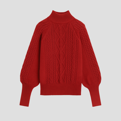 Cable Knit Ladies Turtleneck Warm with Balloon Sleeves