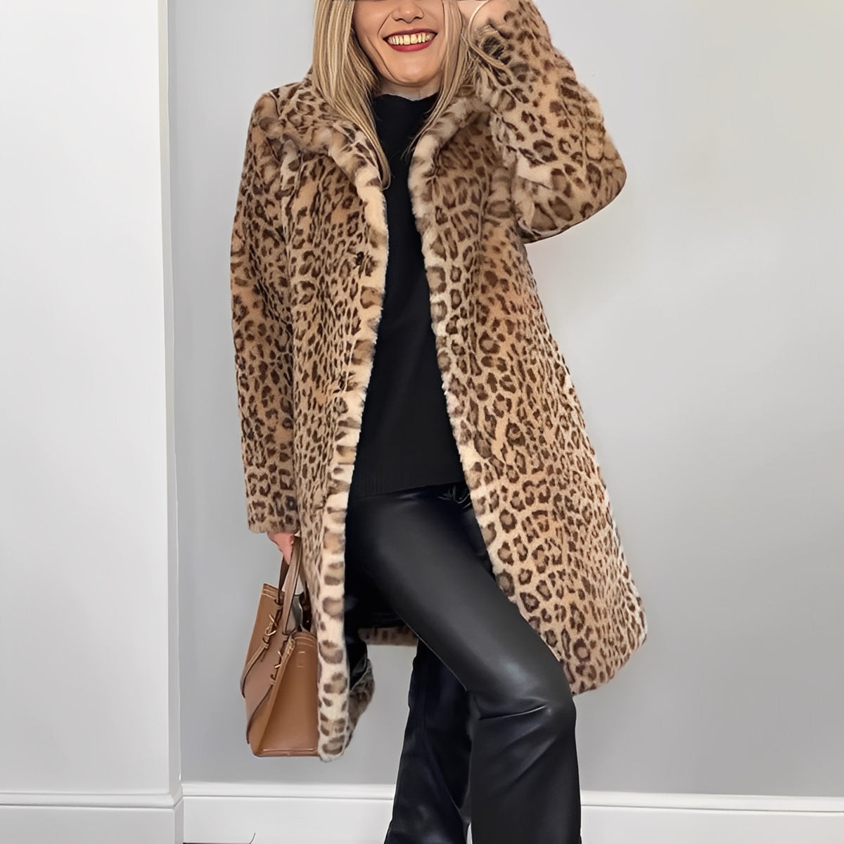 Ladies Chic Long Winter Coat with Leopard Print and Large Collar