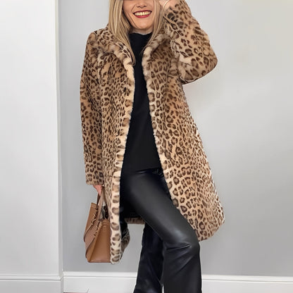 Ladies Chic Long Winter Coat with Leopard Print and Large Collar