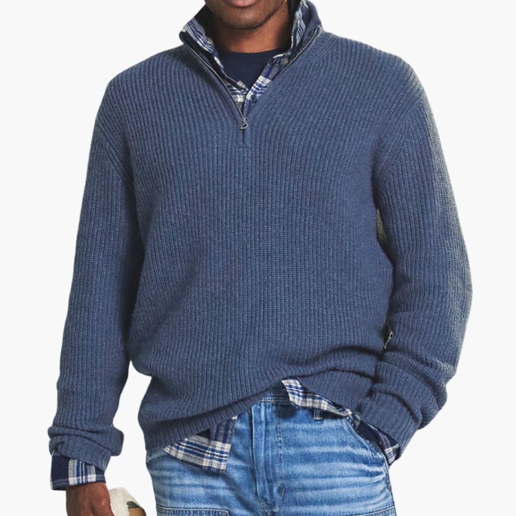 Men's Ribbed Knit Jumper with Half-Zip Neckline
